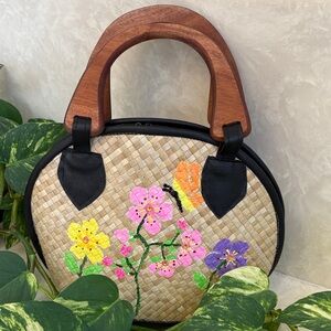 Floral Woven Handbag with Wooden Handles
